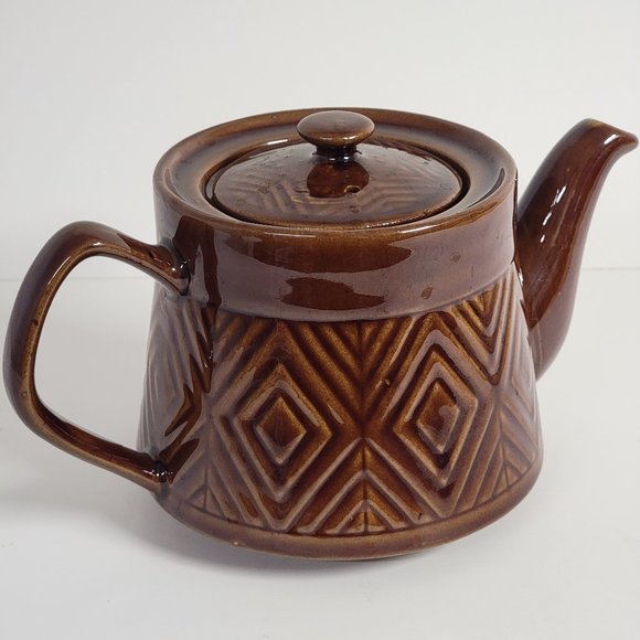 Vintage Brown Ceramic Teapot Geometric Design Made in China Excellent Condition - Picture 1 of 8